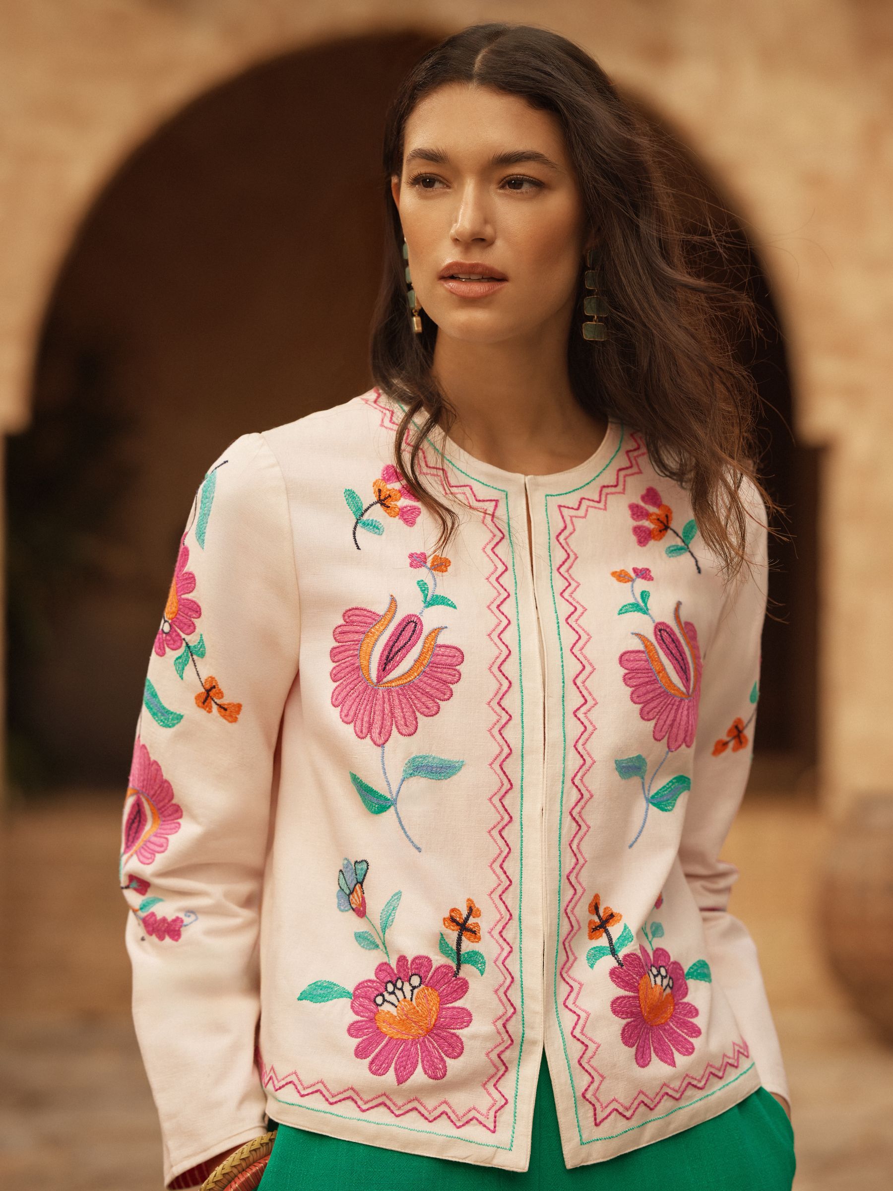 Love & Roses - Veste Courte - Broderie Florale - Écru