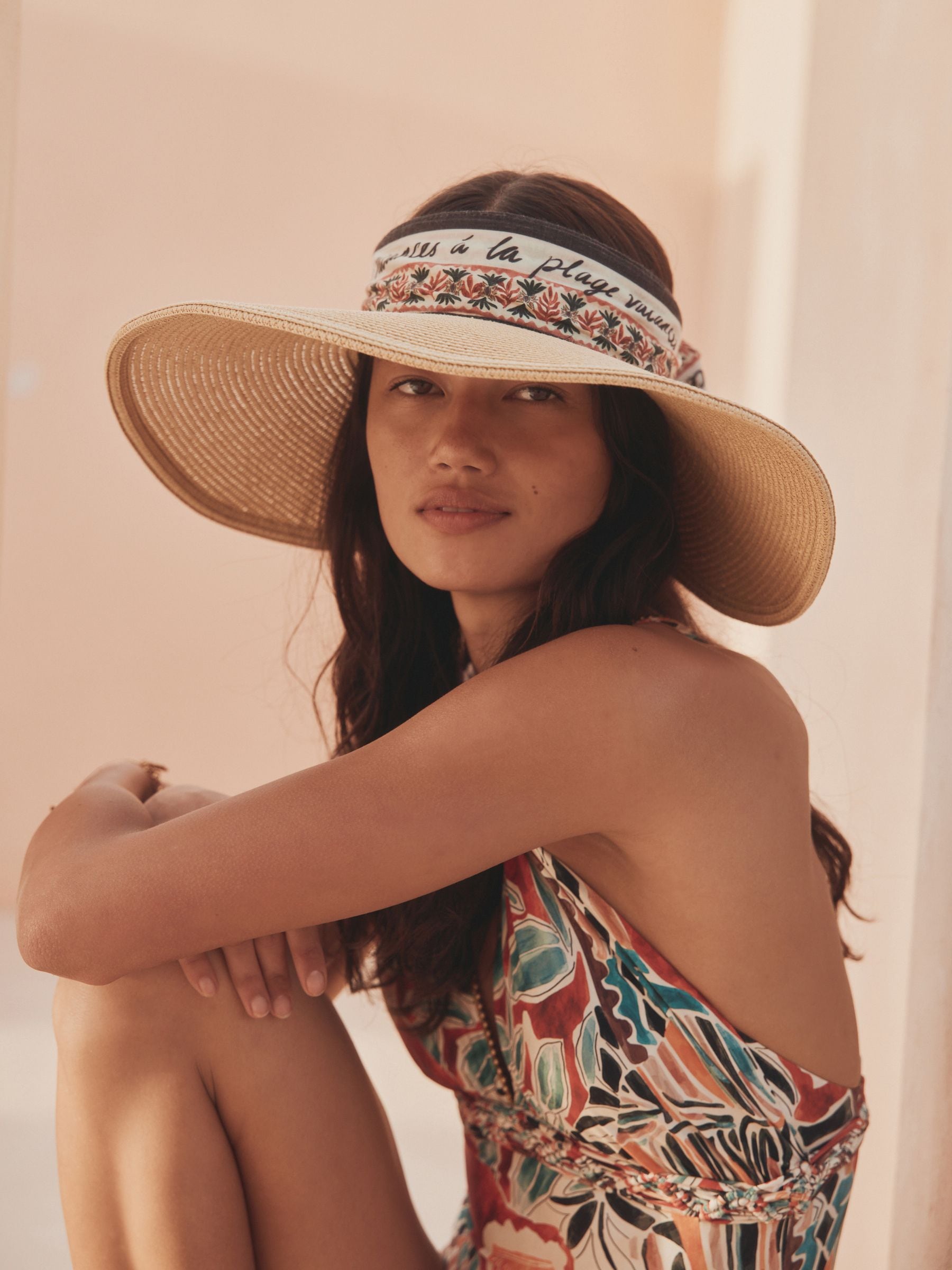 Next Natural/Marrakesh Print Raffia Scarf Detail Visor Hat