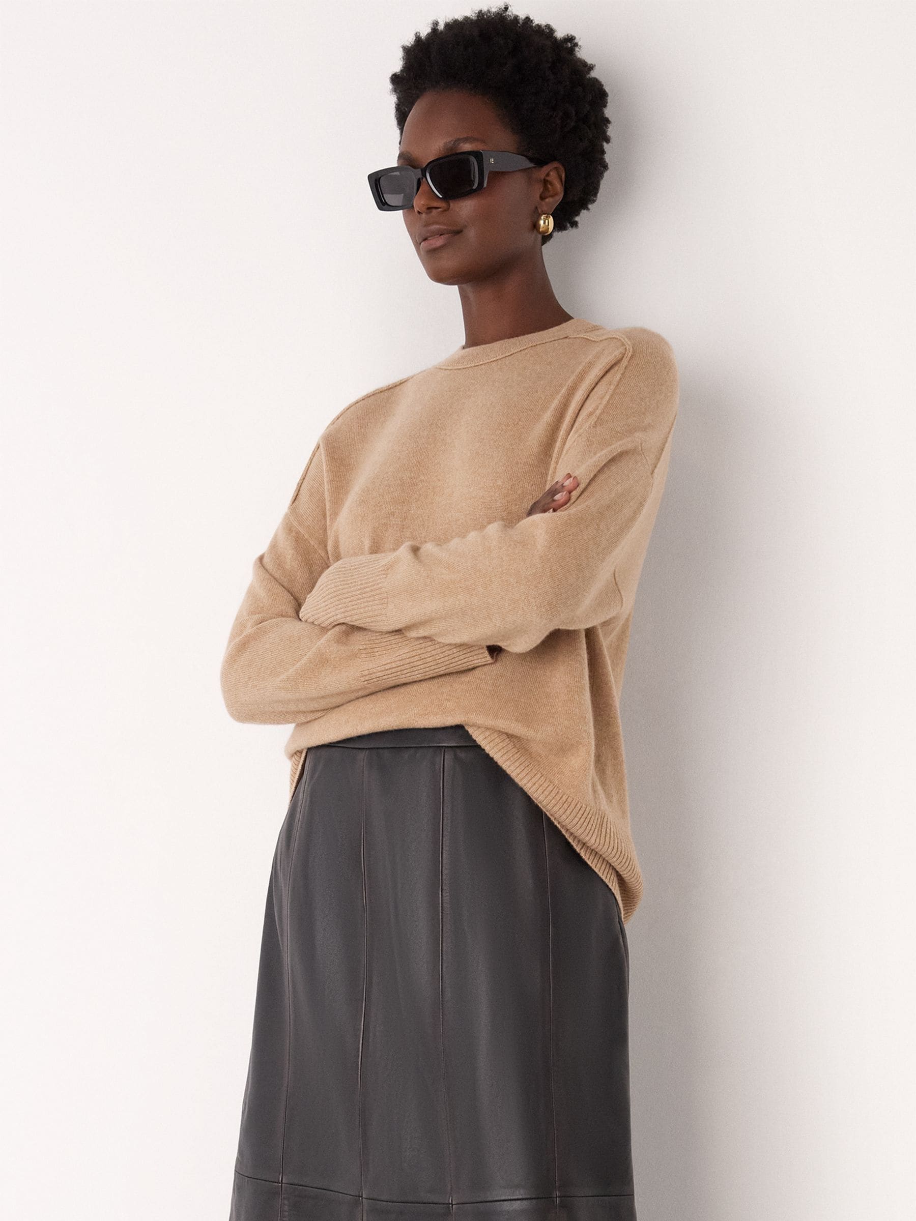 Whistles Brown Cashmere Seam Detail Crew Neck Knit Jumper