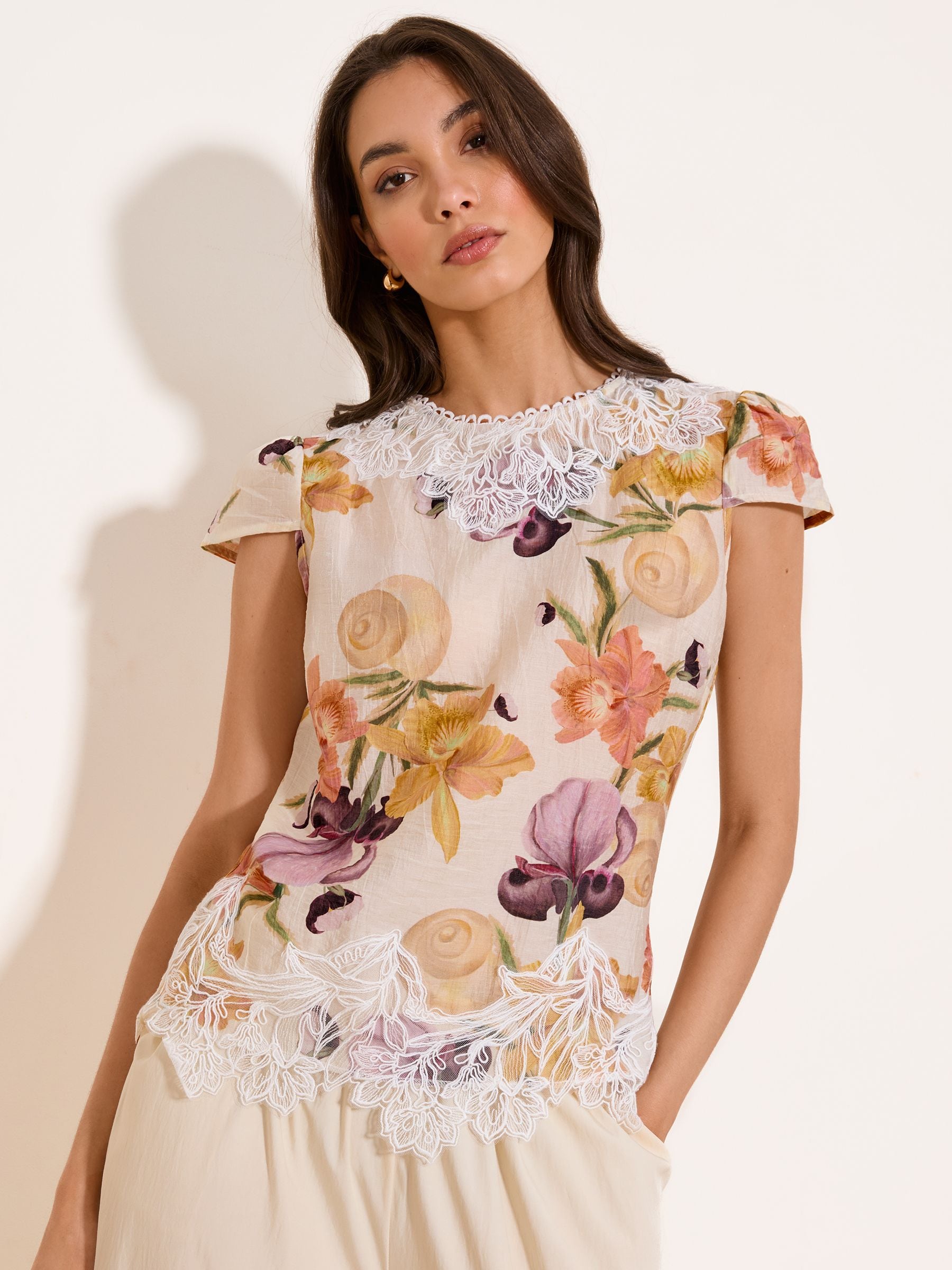 Lipsy Cream Floral Lace Detail Cap Sleeve Shell Top