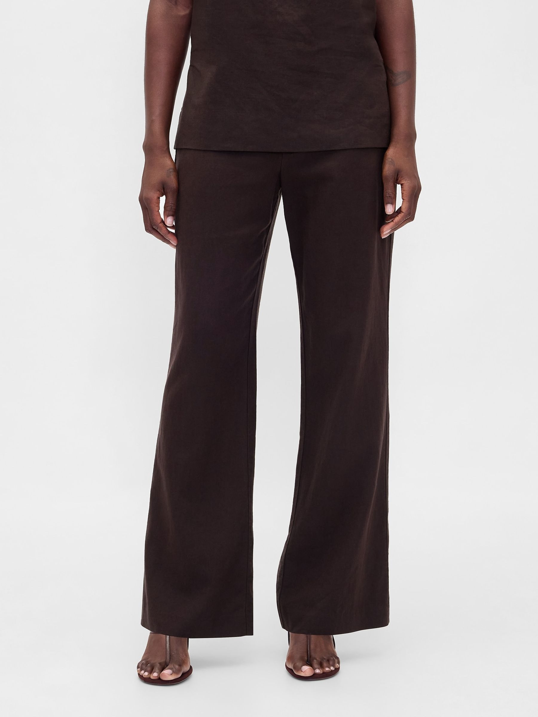Gap Brown Low Rise Linen-Blend Flare Trousers