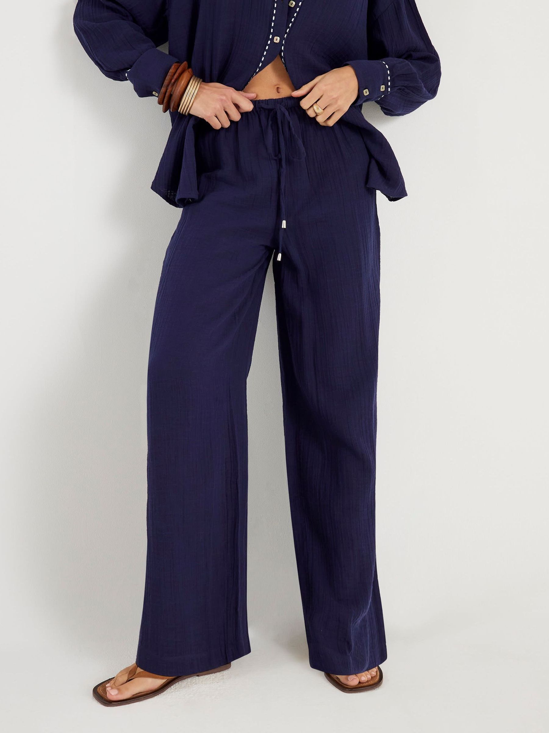 River Island Blue Wide Leg Crinkle Beach Trousers