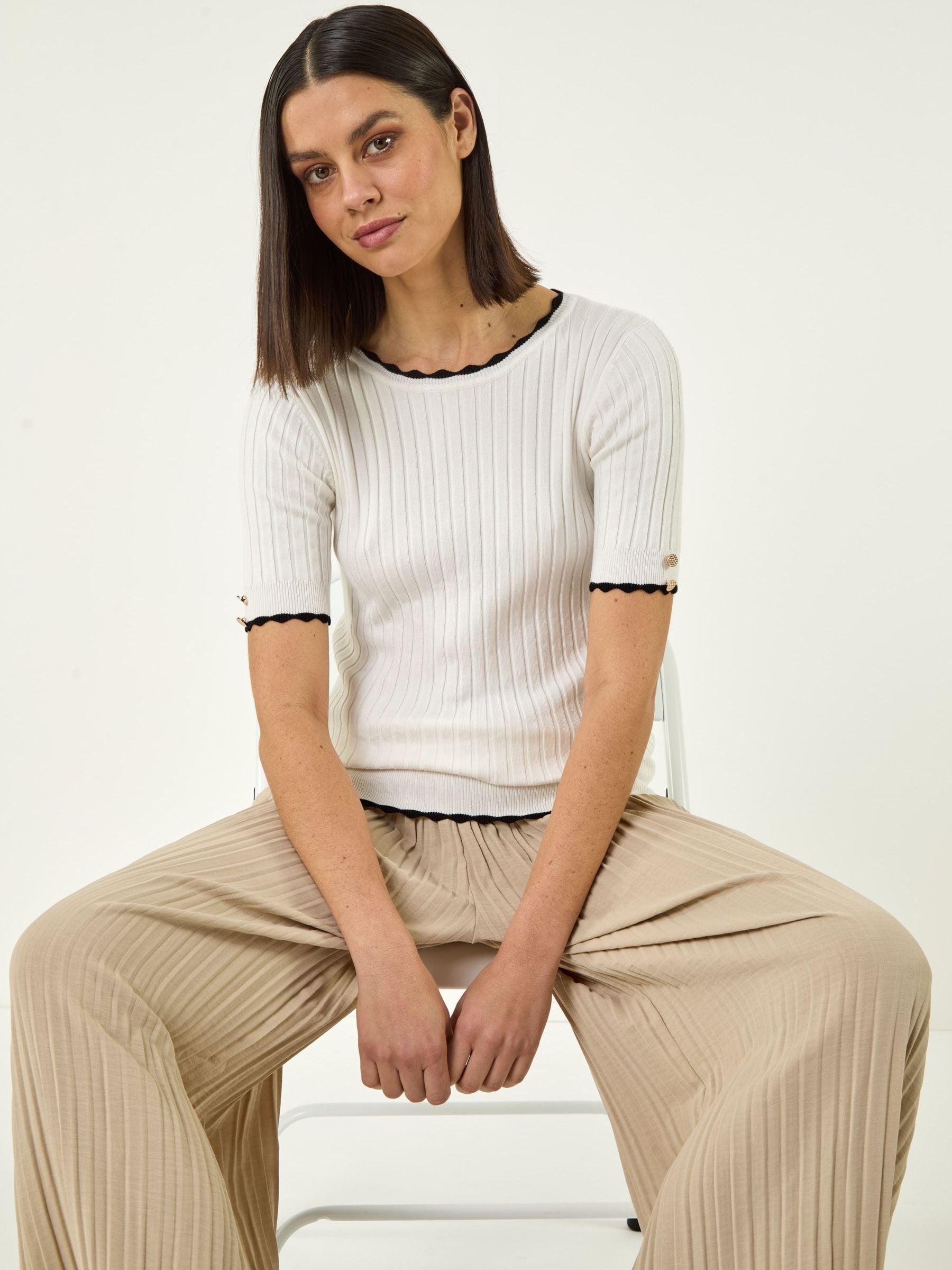 Roman White Button Detail Ribbed Knit Top