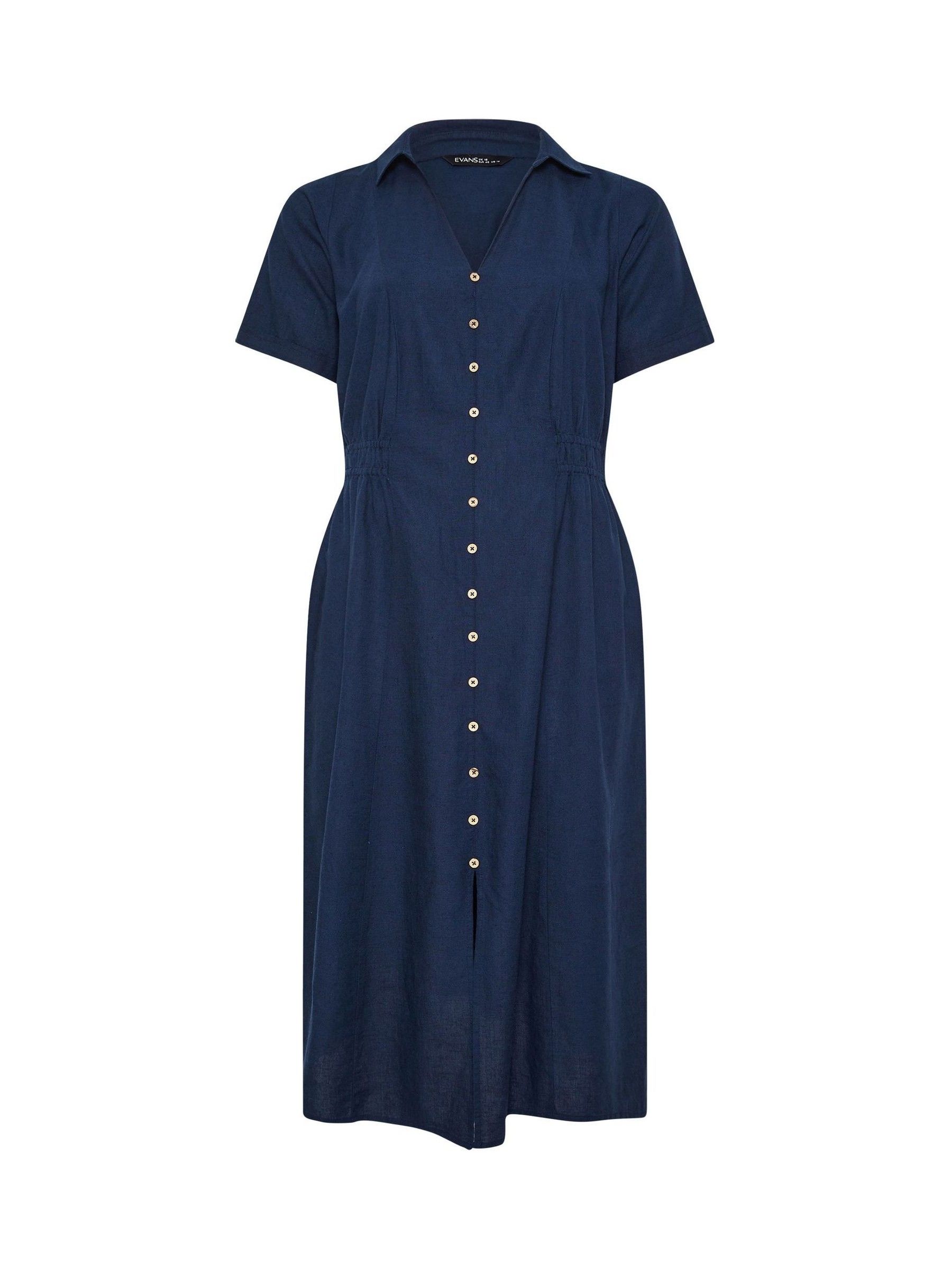 Evans Donna Blu - Vestito Midi In Misto Lino Con Vita Arricciata