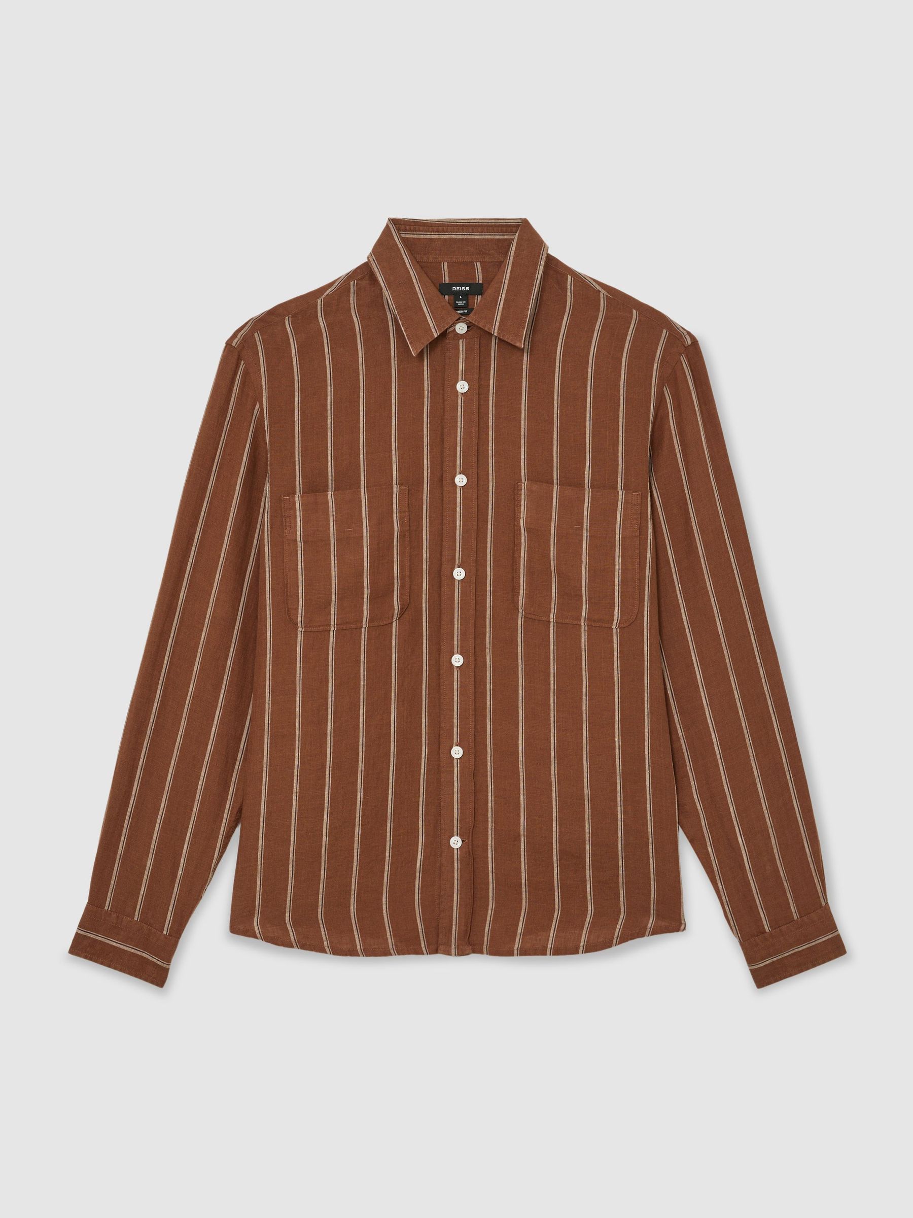 Reiss A Bărbaţilor Tutun/Alb Cămașă Rubus Din In Cu Dungi, Croială Regular-Fit