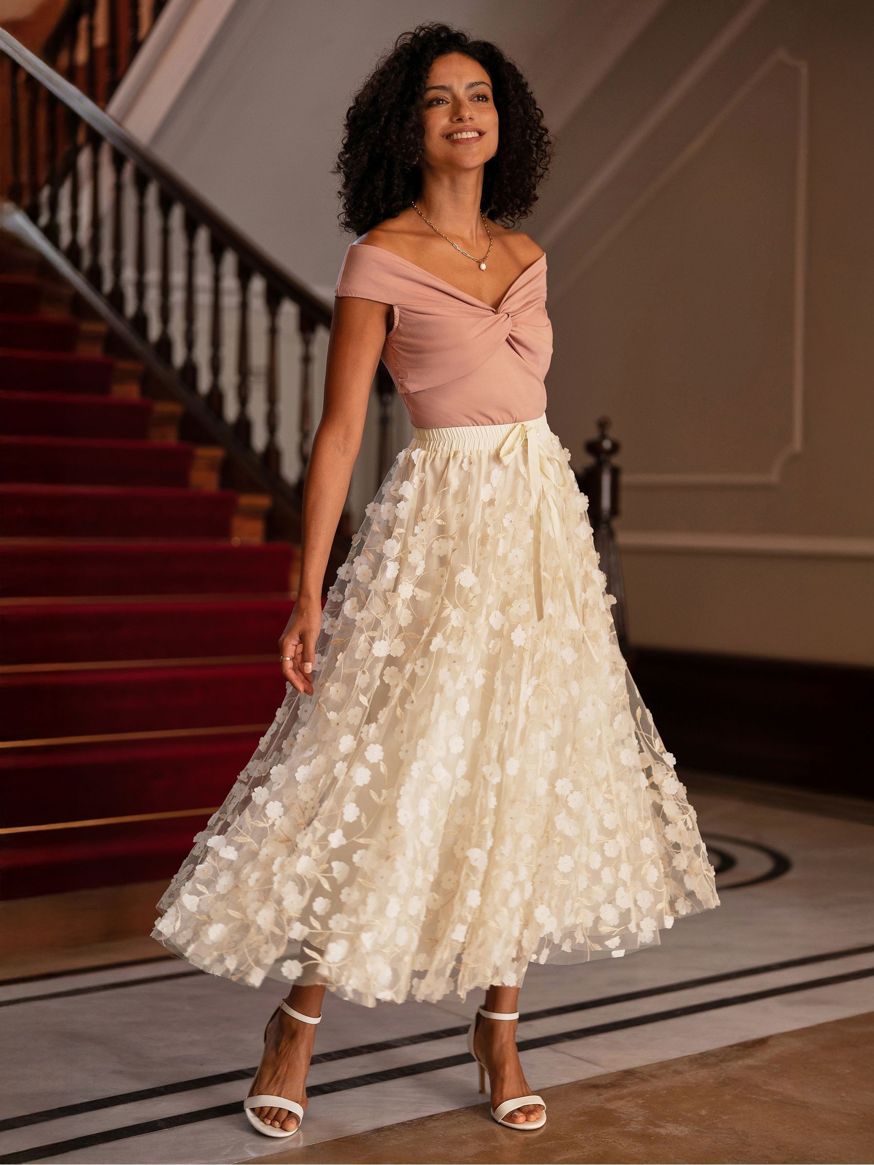 Yumi - Jupe Midi - Tulle Floral - Ivoire - Taille EU 42
