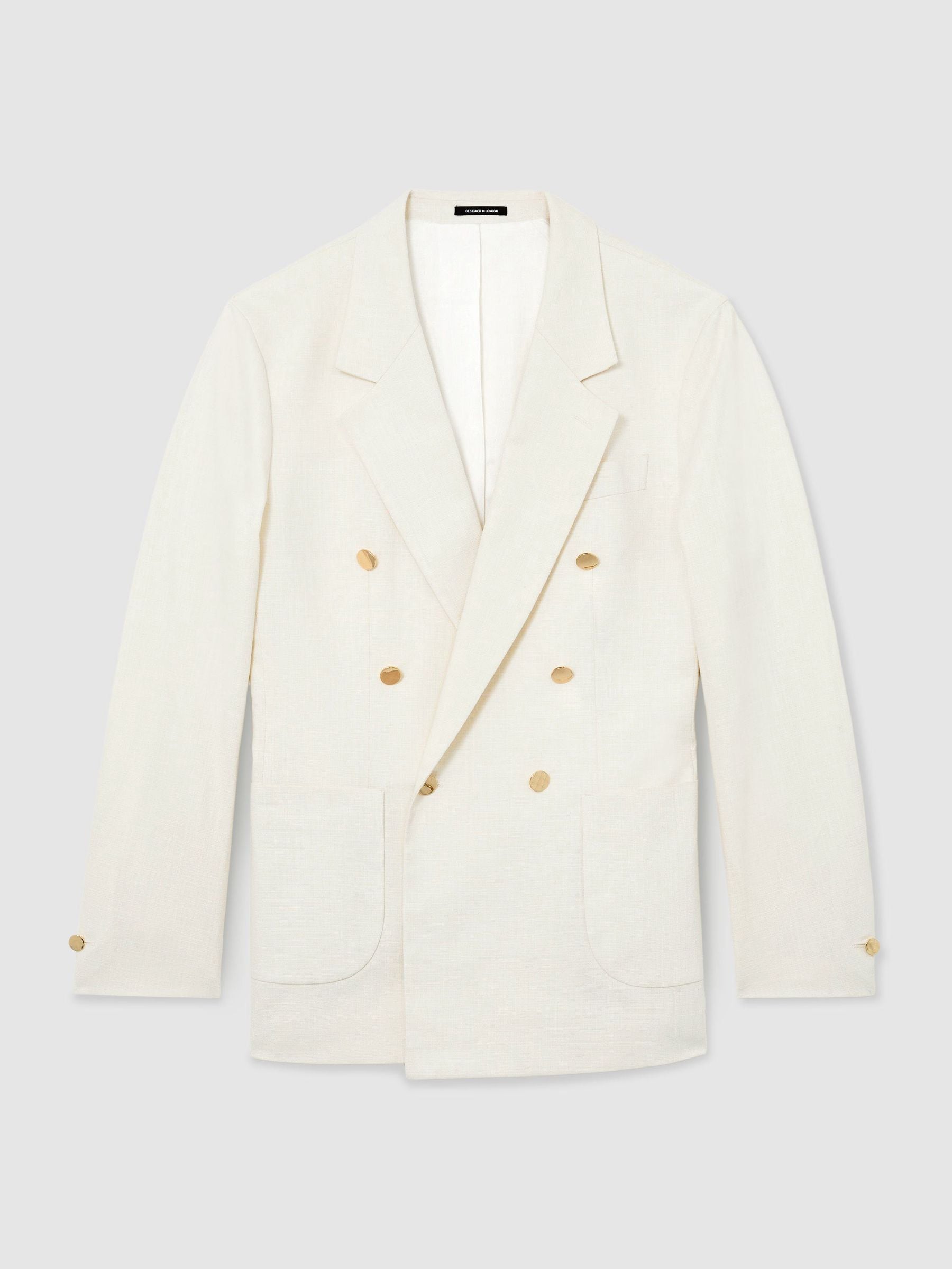 Reiss Off White Glebe Cotton Textured Double-Breasted Blazer Tailored-Fit