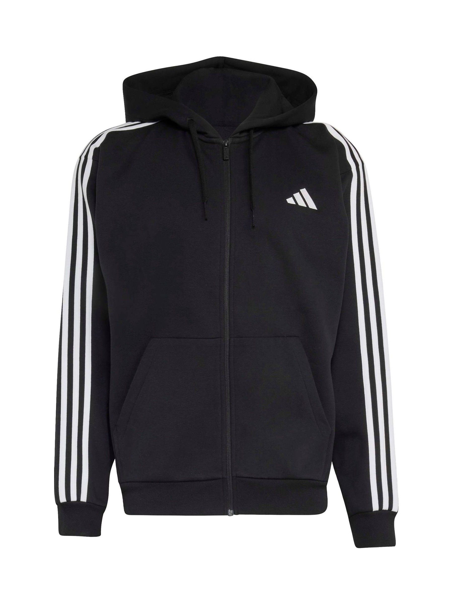 Adidas Uomo Nero Black/White Essentials 3-Stripes Fleece Full-Zip Hoodie - Immagine 1