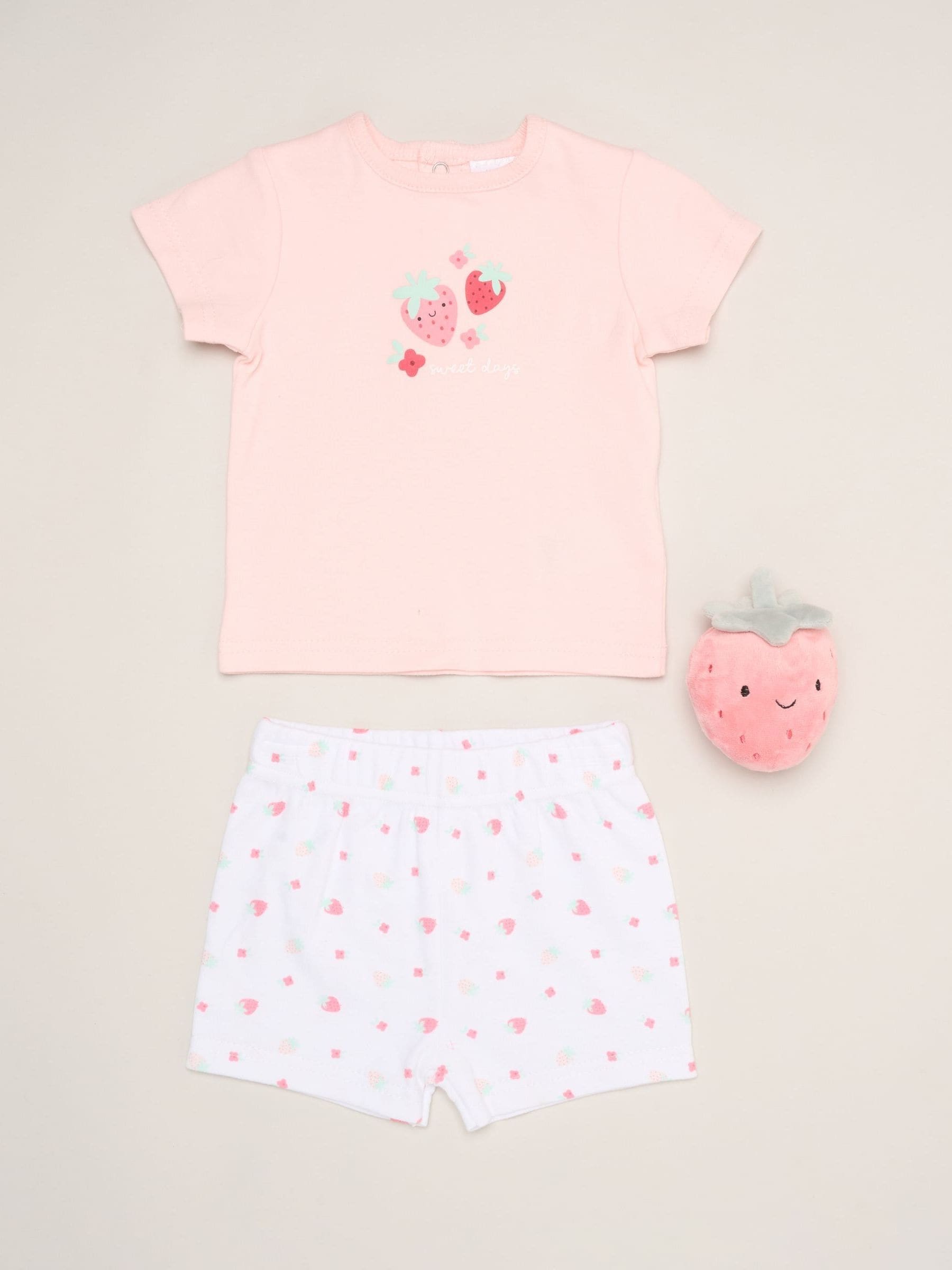 Rock-A-Bye Baby Boutique Rock-A-Bye Baby Boutique Dark Pink Dinosaur Print T-Shirt, Shorts And Plush Toy Set Outfit Set - Image 1