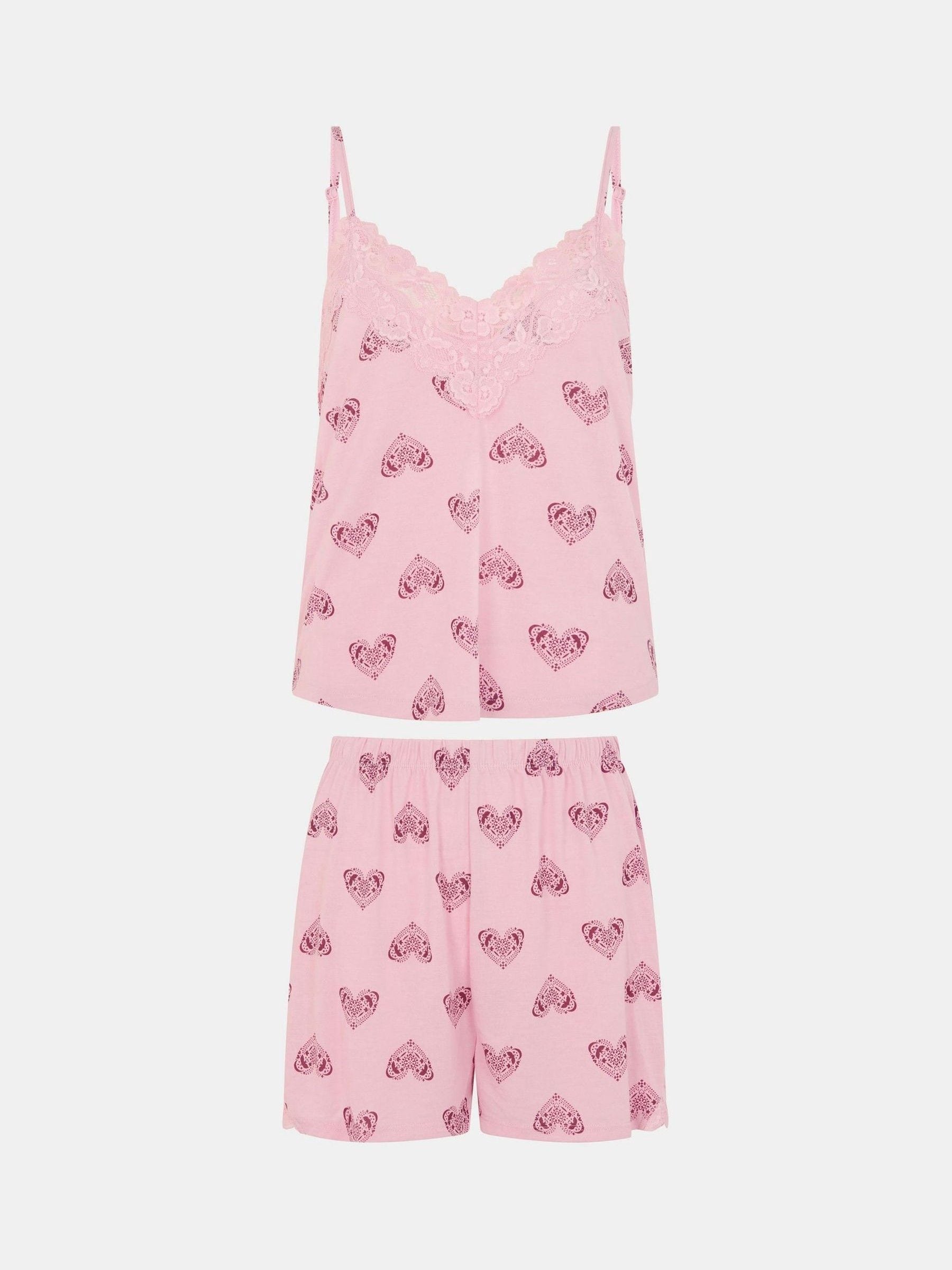 Accessorize Pink Heart Print Lace Trim Short Pyjamas Set