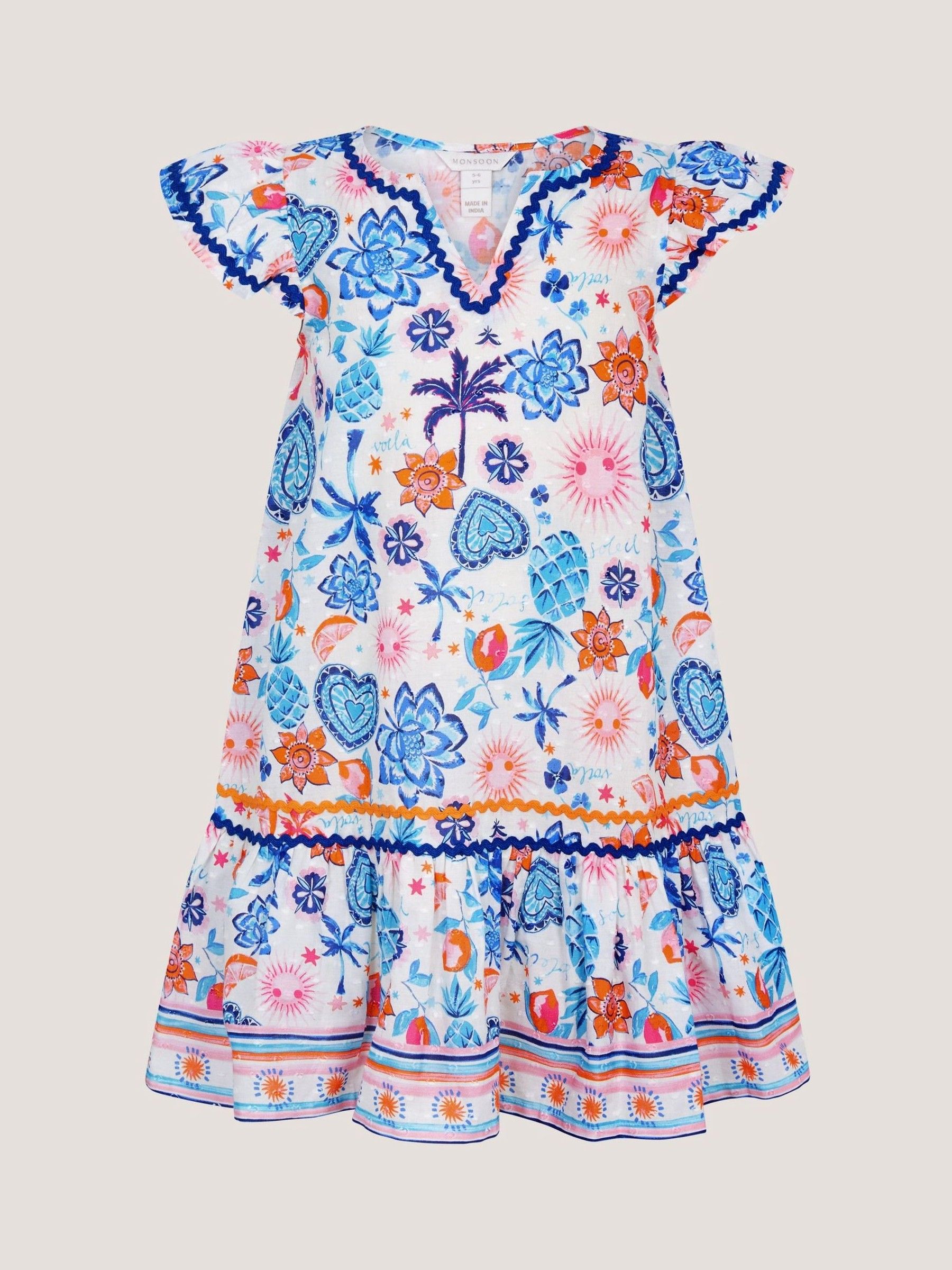 Monsoon Vrouw Bleu Robe Summer Imprimée En Coton