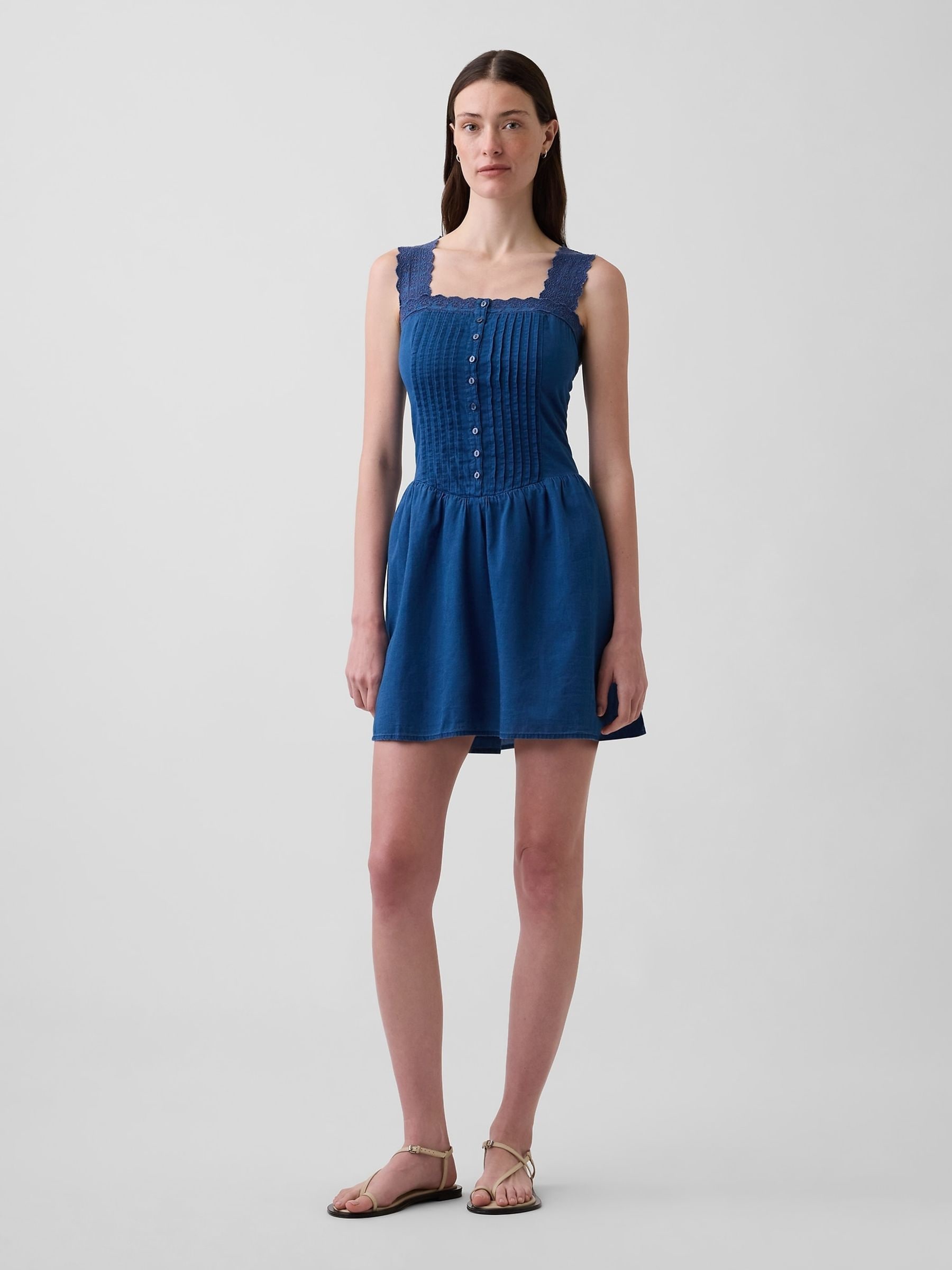 Gap Blue Linen Blend Pintuck Drop Waist Mini Dress