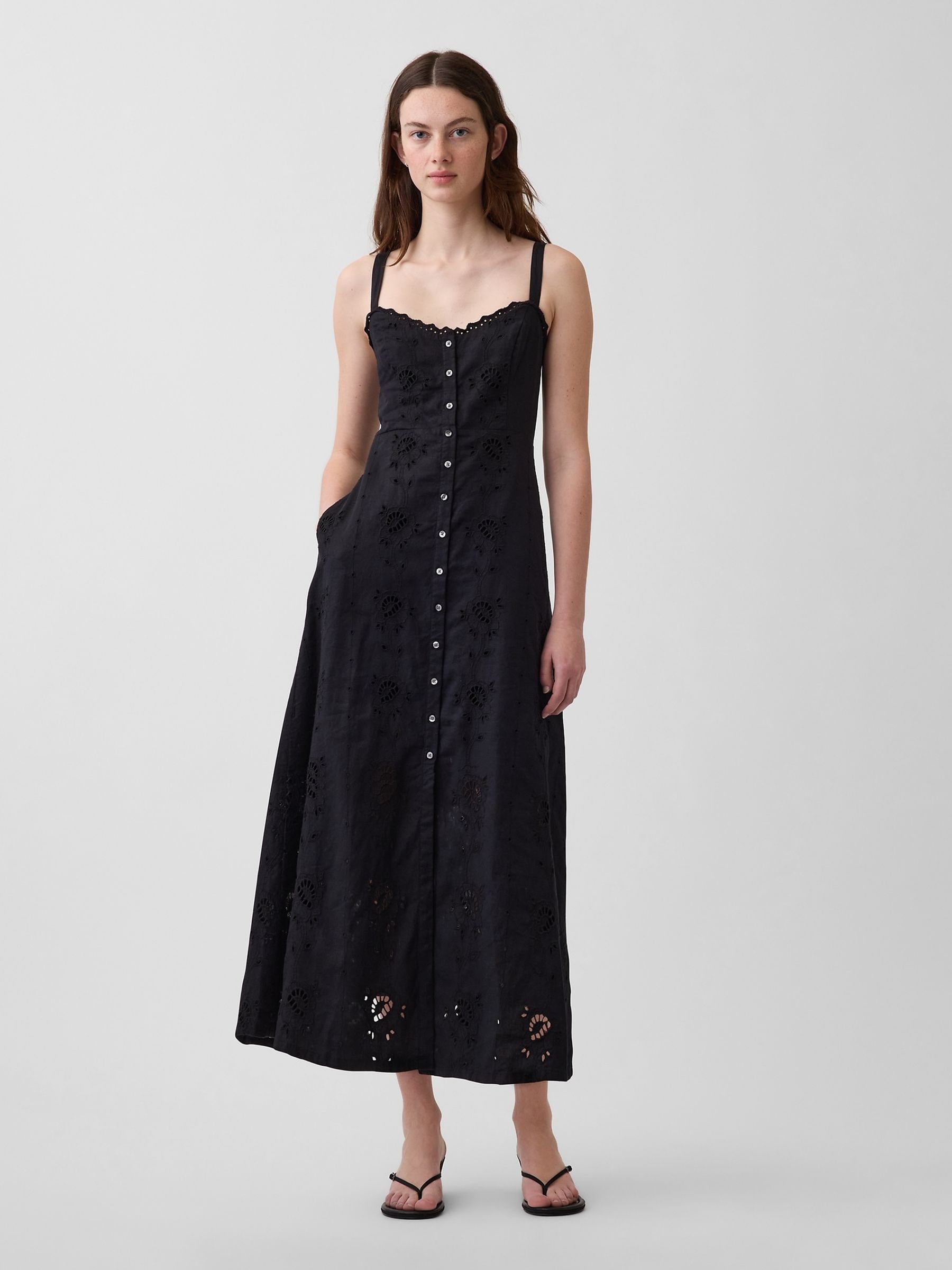 Gap Black Linen Blend Embroidered Button Cami Maxi Dress