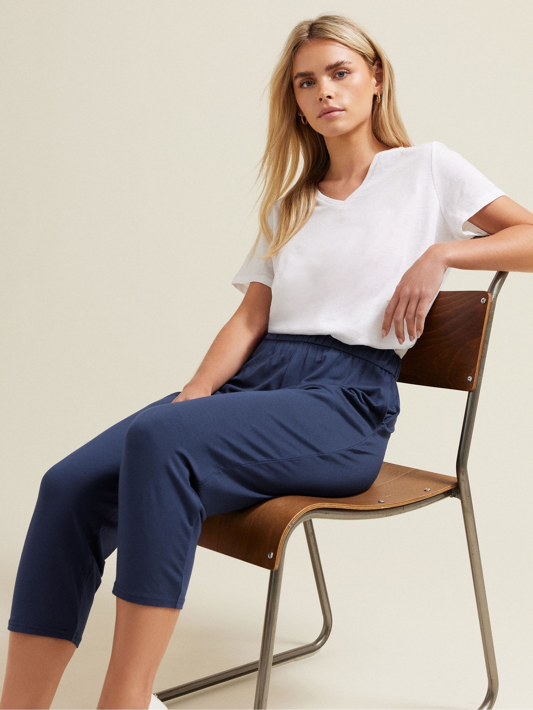 M & Co Blue Elasticated Waist Cropped Hareem Trousers
