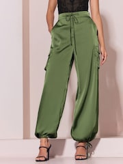Lipsy Khaki Green Satin Tie Waist Cargo Trousers - Image 1 of 6