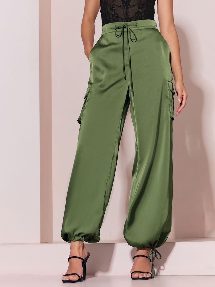 Lipsy Khaki Green Satin Tie Waist Cargo Trousers - Image 1 of 6