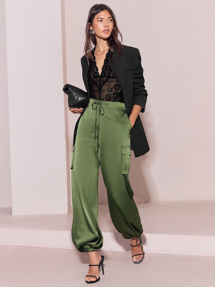 Lipsy Khaki Green Satin Tie Waist Cargo Trousers - Image 2 of 6
