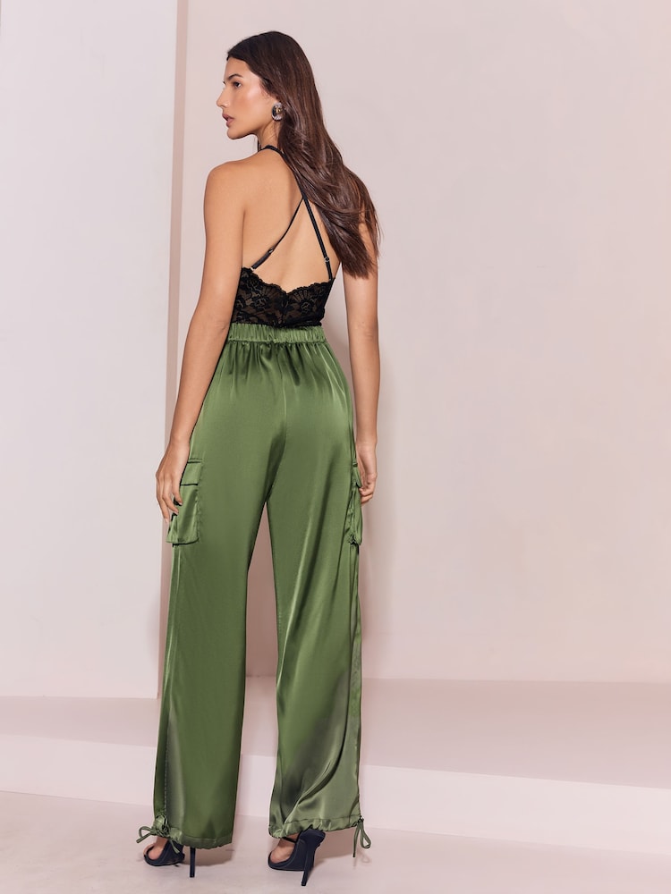 Lipsy Khaki Green Satin Tie Waist Cargo Trousers - Image 6 of 6