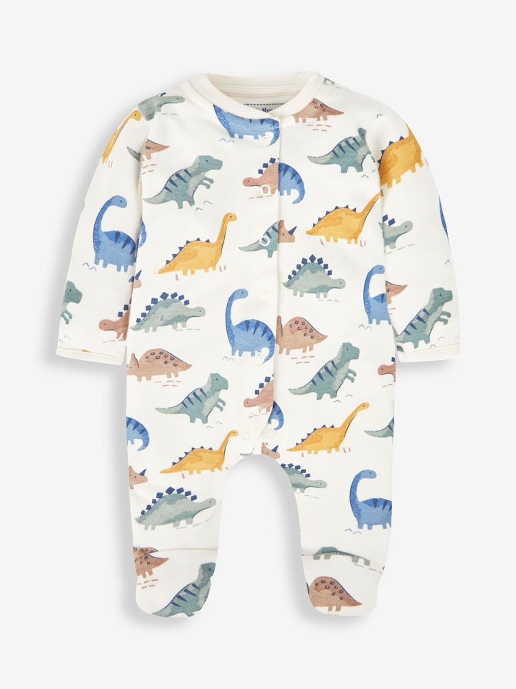 JoJo Maman Bébé Cream Dinosaur Print Cotton Baby Sleepsuit - Image 2 of 4