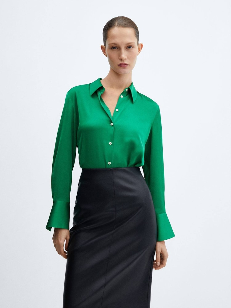 Mango Green Satin Finish Flowy Shirt - Image 1 of 6