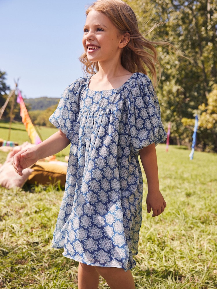 Blue Printed Puff Sleeve Dress (3-16yrs) - Image 1 of 10