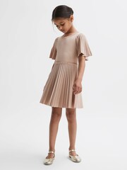 Reiss Pink Rosalie Senior Pleated Metallic Short Sleeve Dress - Image 1 of 6