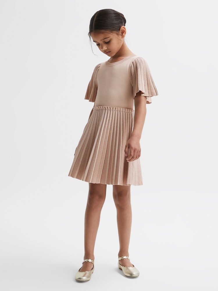 Reiss Pink Rosalie Senior Pleated Metallic Short Sleeve Dress - Image 1 of 6