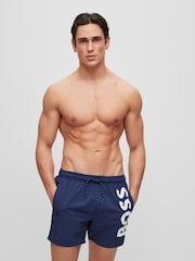 BOSS Dark Blue Vertical-Logo-Print Swim Shorts In Quick-Dry Poplin - Image 1 of 4