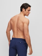 BOSS Dark Blue Vertical-Logo-Print Swim Shorts In Quick-Dry Poplin - Image 2 of 4