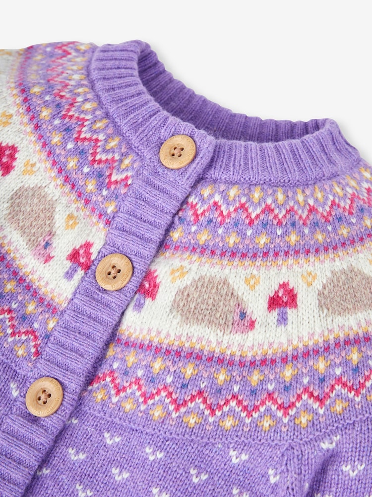 JoJo Maman Bébé Lilac Purple Hedgehog Fairisle Pattern Cardigan - Image 2 of 3