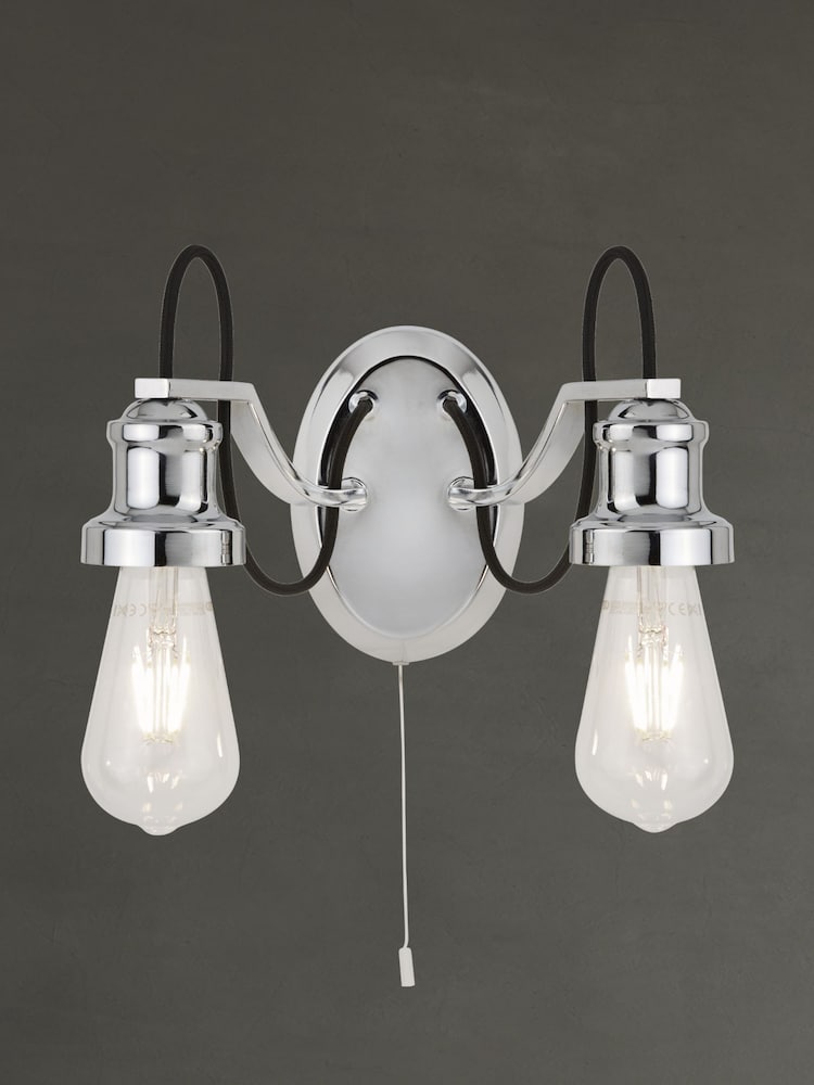Searchlight Chrome Penny 2 Light Wall Light With Black Braided Fabric Cable - Image 1 of 1