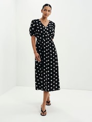 Finery Black Petite Polka Dot Addison Cotton Midi Dress - Image 1 of 5