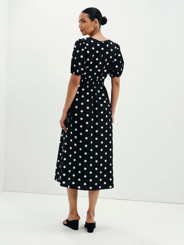 Finery Black Petite Polka Dot Addison Cotton Midi Dress - Image 2 of 5 Finery Black Petite Polka Dot Addison Cotton Midi Dress - Image 2 of 5