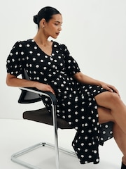 Finery Black Petite Polka Dot Addison Cotton Midi Dress - Image 3 of 5
