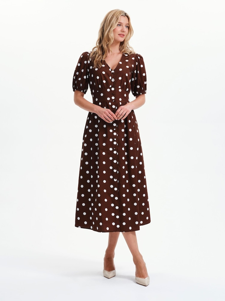Finery Brown Petite Polka Dot Addison Cotton Midi Dress - Image 1 of 5 Finery Brown Petite Polka Dot Addison Cotton Midi Dress - Image 1 of 5