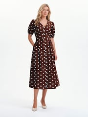Finery Brown Petite Polka Dot Addison Cotton Midi Dress - Image 4 of 5