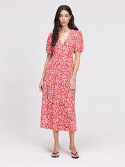 Finery Red Robyn Floral Button Through Midi  Dress - Image 1 of 5