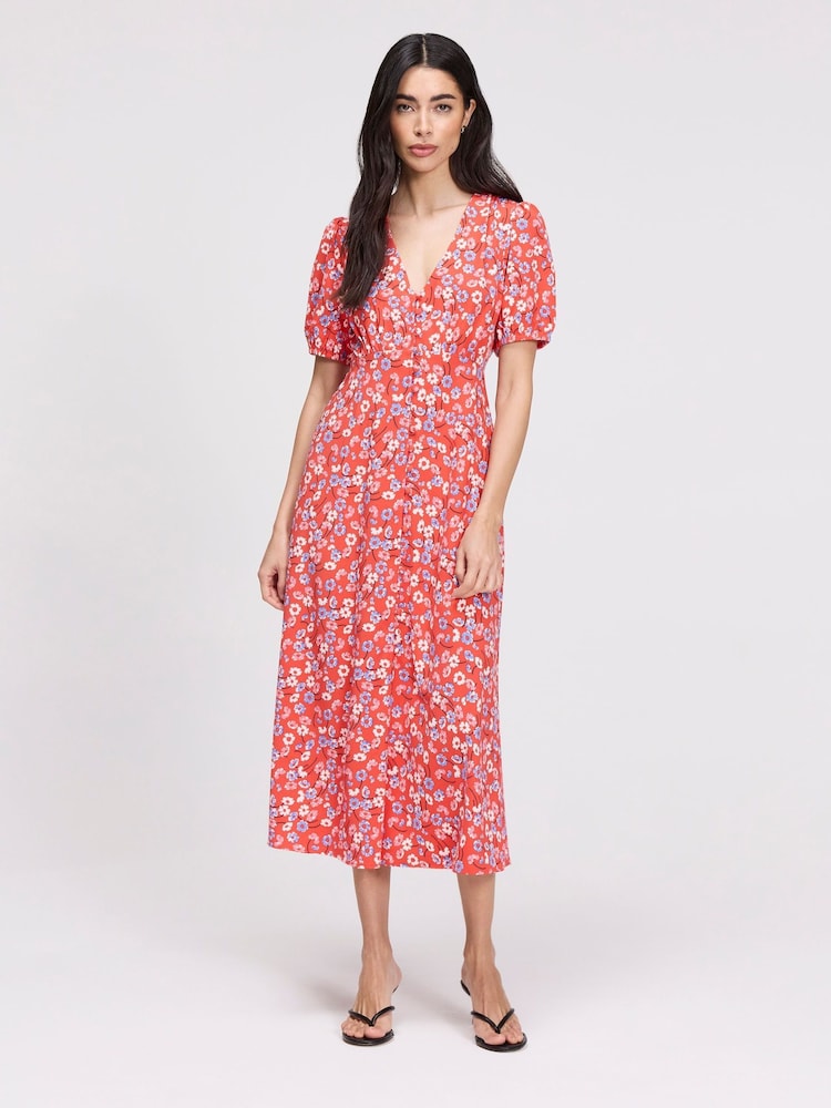 Finery Red Robyn Floral Button Through Midi Dress - Image 1 of 5 Finery Red Robyn Floral Button Through Midi Dress - Image 1 of 5