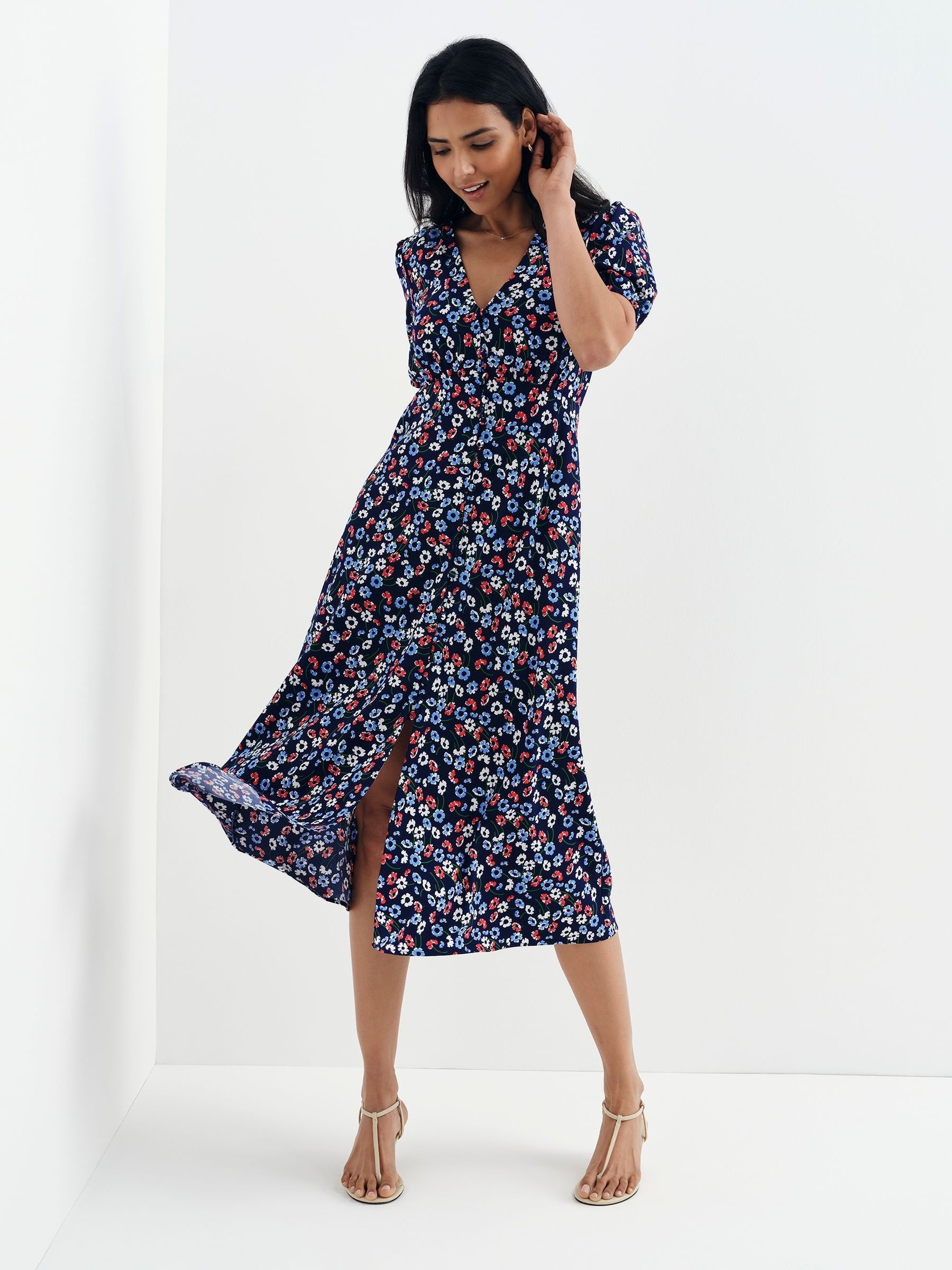 Finery Women's Blue Petite Robyn Button Through Midi Dress