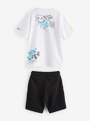 White/Black Graffiti Graphic 100% Cotton Top and Shorts Set (3-16yrs) - Image 1 of 3