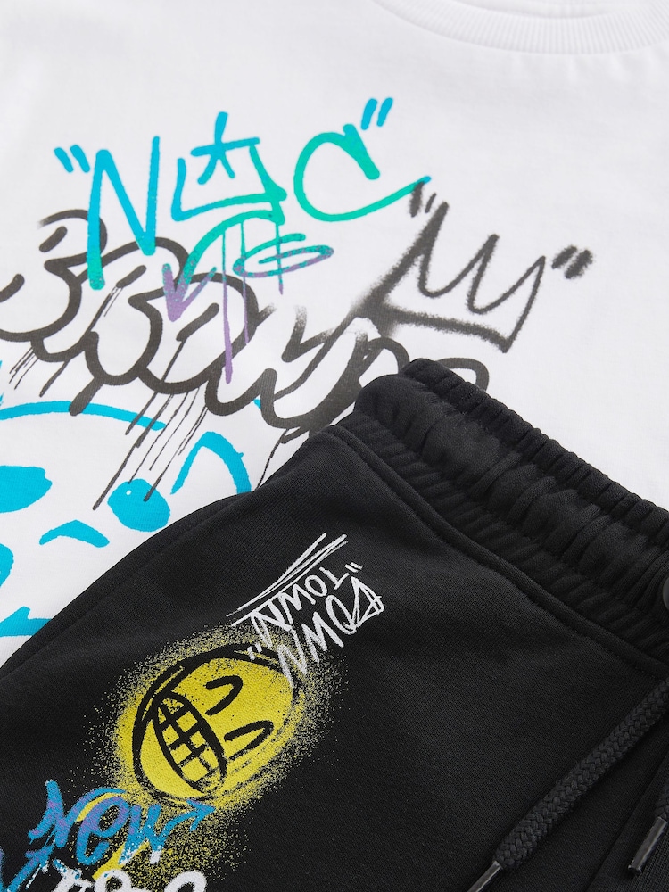 White/Black Graffiti Graphic 100% Cotton Top and Shorts Set (3-16yrs) - Image 3 of 3 White/Black Graffiti Graphic 100% Cotton Top and Shorts Set (3-16yrs) - Image 3 of 3