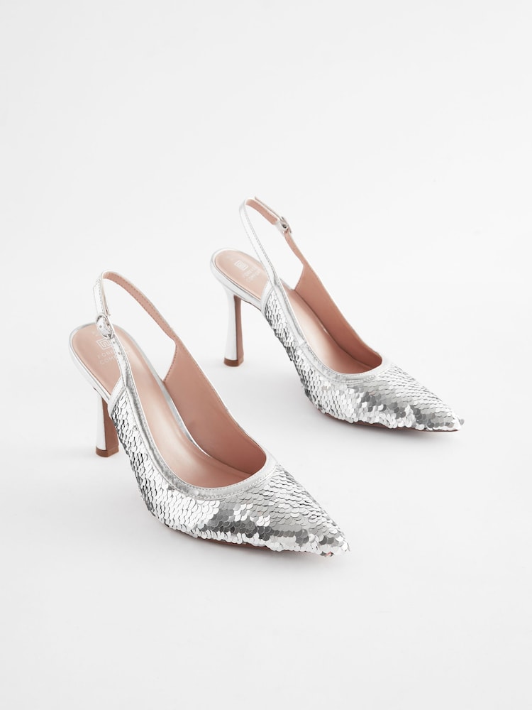 Silver Forever Comfort® Sequin Point Toe Slingback Heels - Image 1 of 6