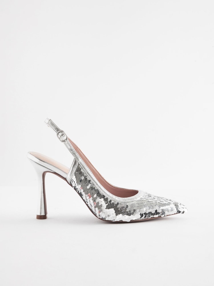 Silver Forever Comfort® Sequin Point Toe Slingback Heels - Image 2 of 6