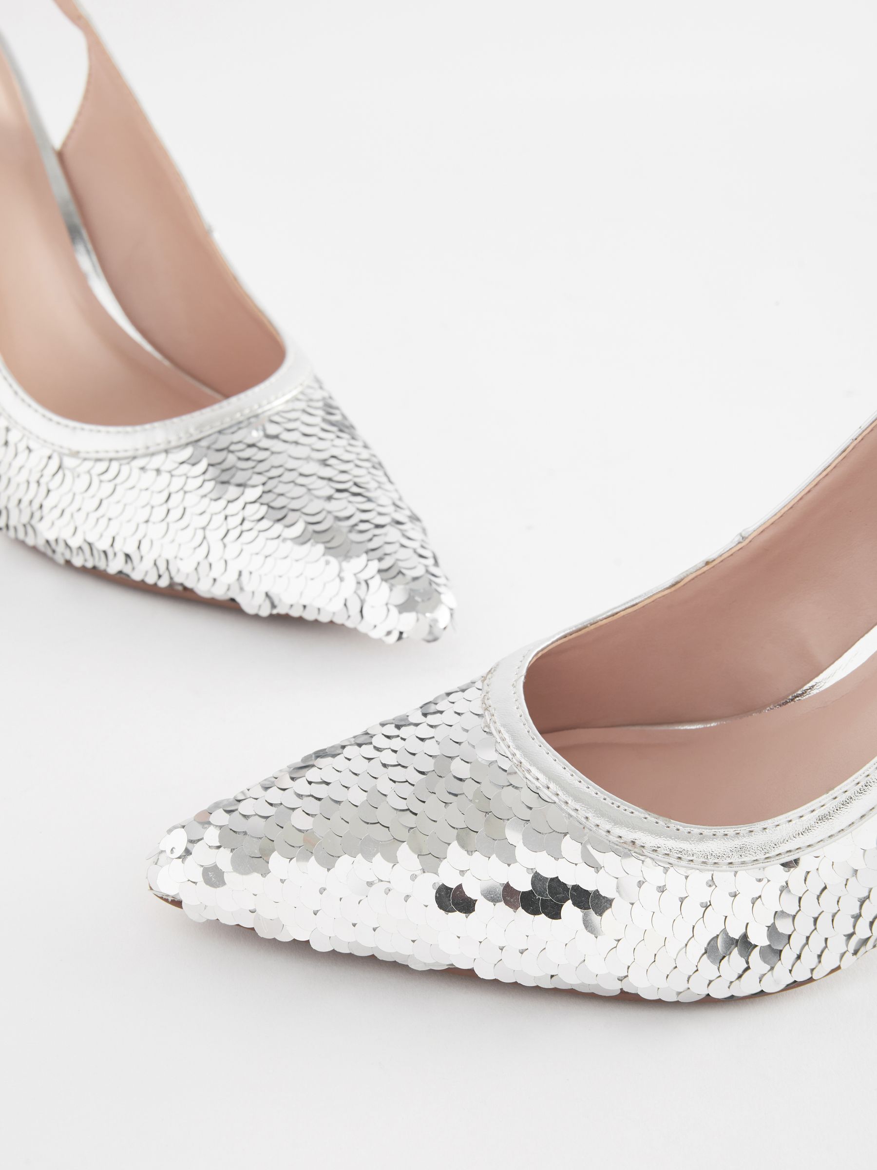 Silver Forever Comfort Sequin Point Toe Slingback Heels