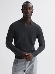 Reiss Anthracite Grey Swifts Merino Wool Open Collar Top - Image 1 of 5