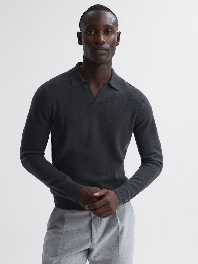 Reiss Anthracite Grey Swifts Merino Wool Open Collar Top - Image 1 of 5 Reiss Anthracite Grey Swifts Merino Wool Open Collar Top - Image 1 of 5