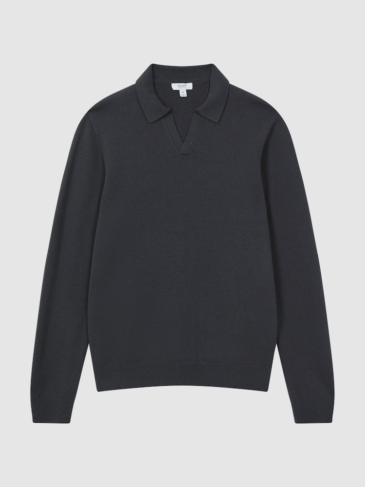 Reiss Anthracite Grey Swifts Merino Wool Open Collar Top - Image 2 of 5 Reiss Anthracite Grey Swifts Merino Wool Open Collar Top - Image 2 of 5