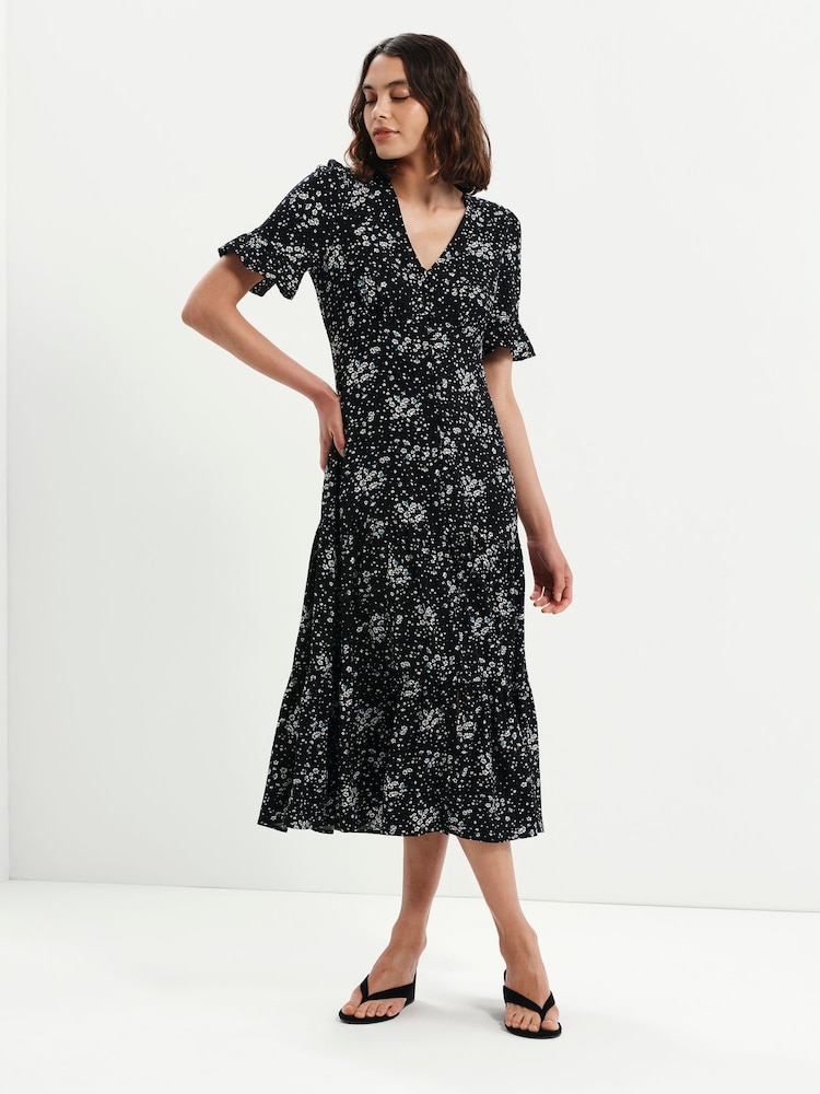 Finery Black Petite Sinead Button Through Tiered Midi Dress - Image 1 of 5 Finery Black Petite Sinead Button Through Tiered Midi Dress - Image 1 of 5