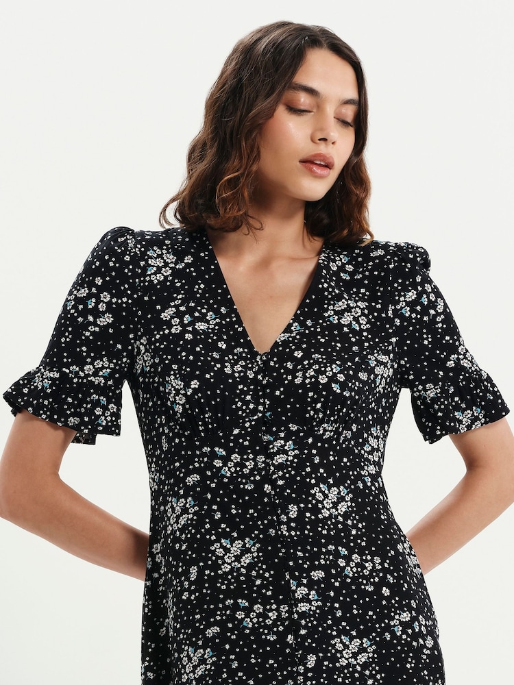 Finery Black Petite Sinead Button Through Tiered Midi Dress - Image 5 of 5 Finery Black Petite Sinead Button Through Tiered Midi Dress - Image 5 of 5