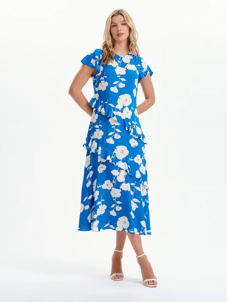 Finery Blue Petite Sierra Asymmetric Ruffle Midi Dress - Image 1 of 6 Finery Blue Petite Sierra Asymmetric Ruffle Midi Dress - Image 1 of 6
